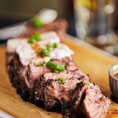 Spice crusted New York strip, close up