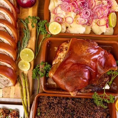 Assorted catering dishes.