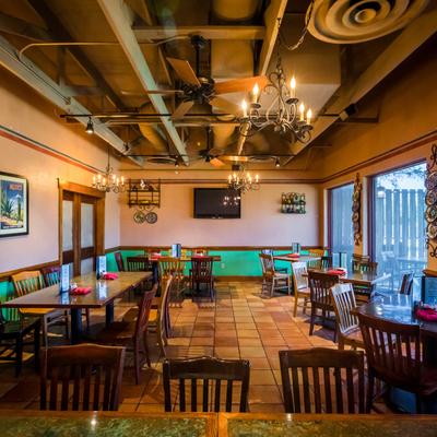 Restaurant interior, tables lined up