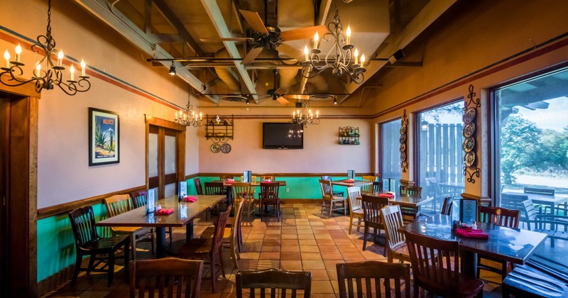 Restaurant interior, tables lined up