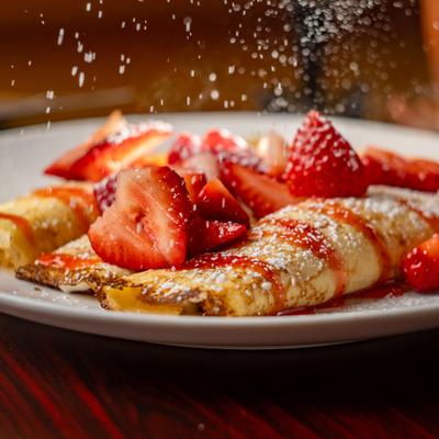 Strawberry crepes topped with powdered sugar on a white plate.