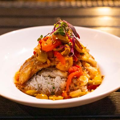 Seared Rockfish with rice and veggies.