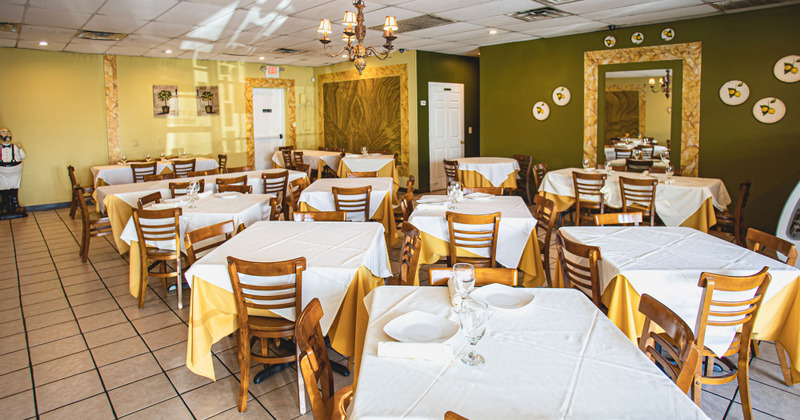 Interior, tables ready for guests