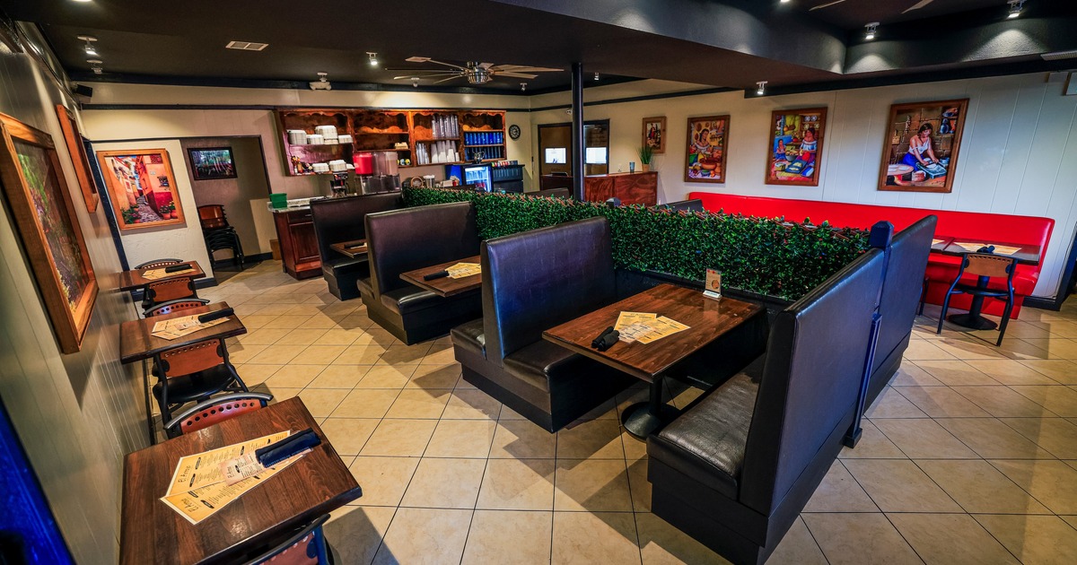 Interior with leather booths and tables