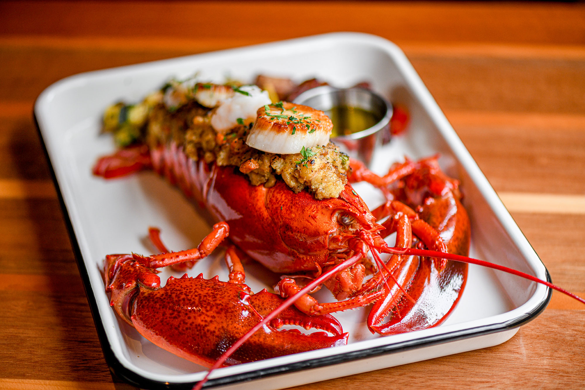 Baked Stuffed Lobster served.