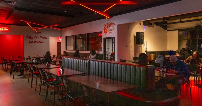 Interior, seating area with few guests