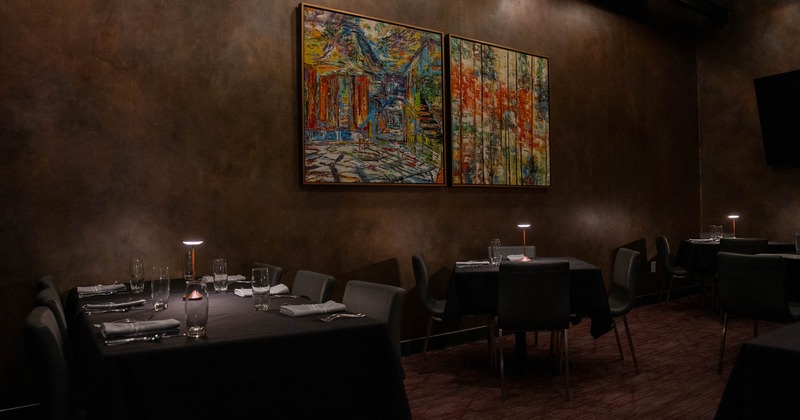 Interior, dining area with pictures on the wall