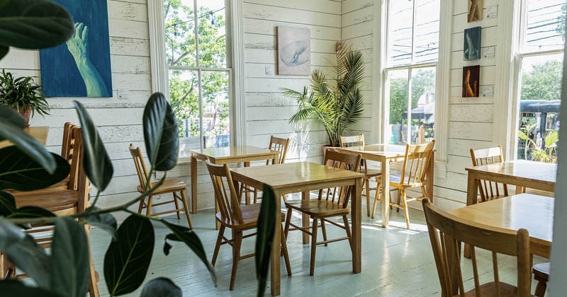 Interior, tables and chairs in seating area
