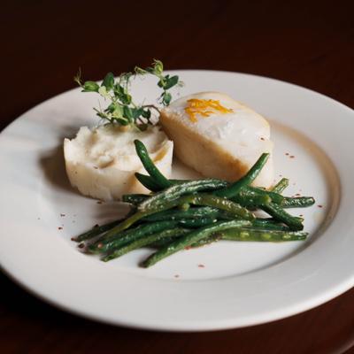 Chilean sea bass, with mashed potatoes and green beans.