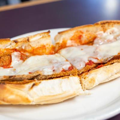 Eggplant Parmagana sub sandwich, close-up.