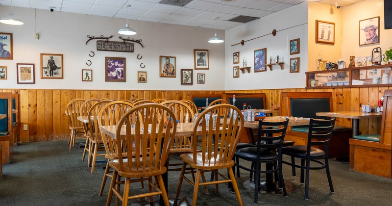 Casual restaurant dining room with wooden chairs