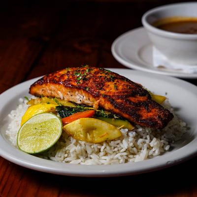 Salmon and rice.