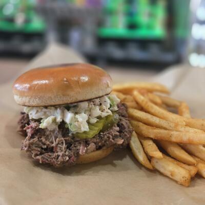 smoked brisket sandwich, bayou jacks cajun grill, roanoke, texas.