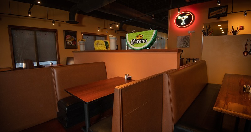 Interior space, upholstered dining booths