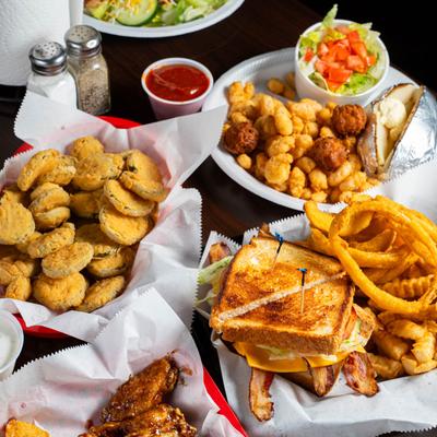 Various dishes on a table.