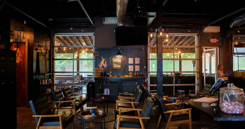 Interior, tables and chairs set for guests