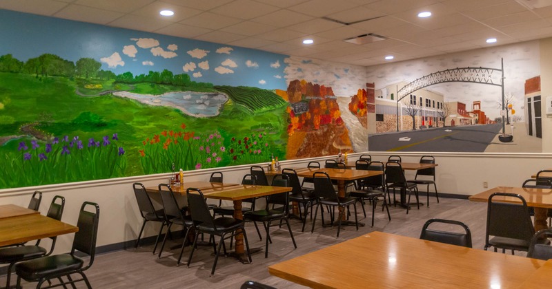 Interior, dining tables and seating, wall mural art