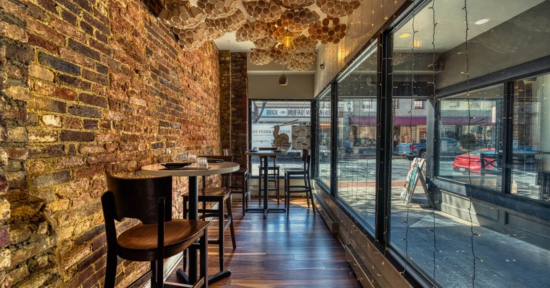 Interior, high top tables and chairs