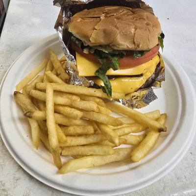 Cheeseburger served with a side of fries.