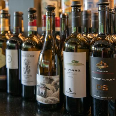 Selection of wine bottles displayed on the counter.