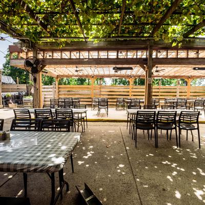 Seating area outside, with greenery cover.
