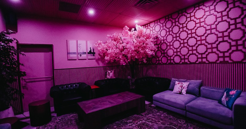 A stylish lounge area with a pink and purple ambiance