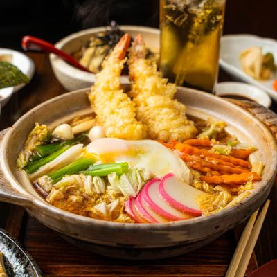 Hot udon noodle soup with chicken and shrimp tempura.