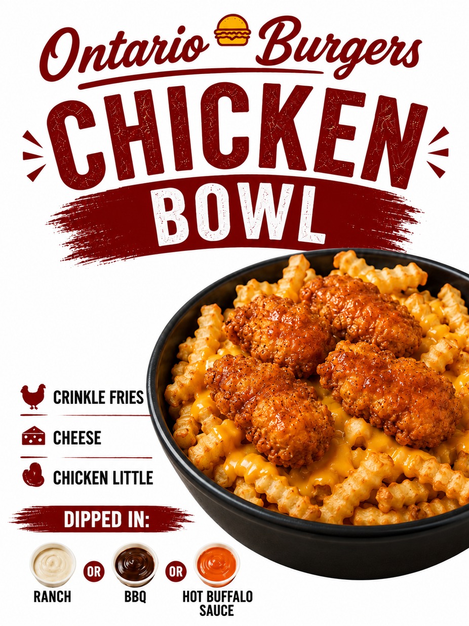Ontario Burgers chicken bowl 6$. Crinkle fries, cheese, chicken little. Dipped in sauce