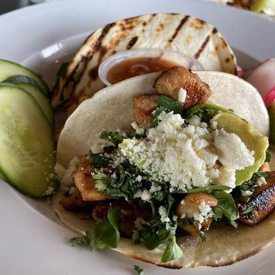 Grilled chicken taco with avocado, cilantro, and crumbled cheese, served with salsa.