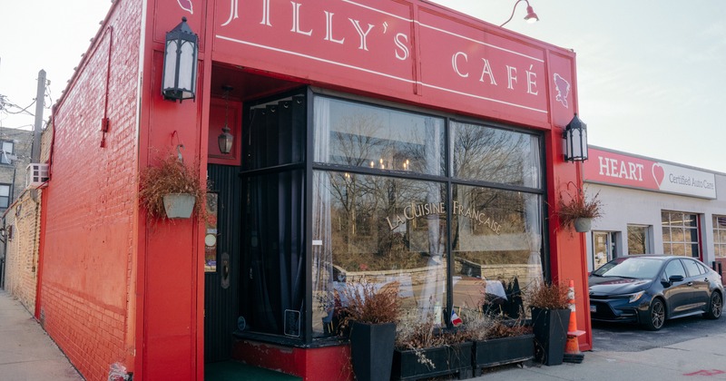 Exterior, angle view to entrance, sign above