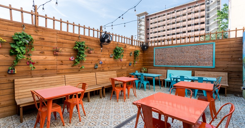 Interior, patio, tables and chairs, benches