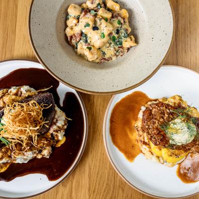 Variety of dishes served on the table, top view.