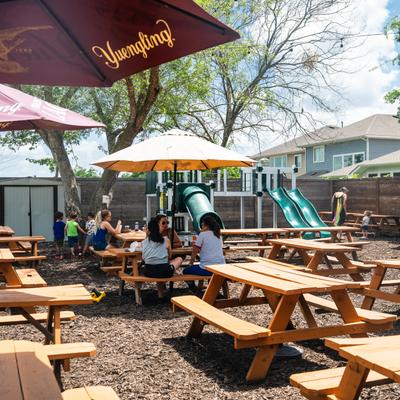 Exterior, garden, benches and tables, parasols.