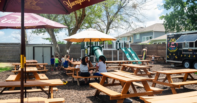 Exterior, garden, benches and tables, parasols