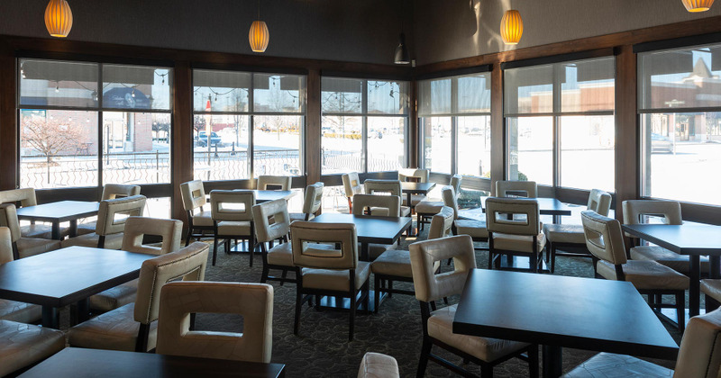 Interior, tables for four, big windows