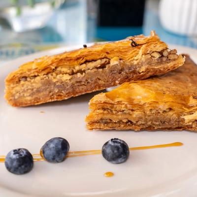Lemon custard pie with phyllo dough crust.