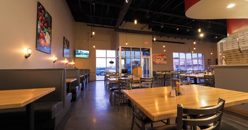 Dining area, booths, tables and chairs