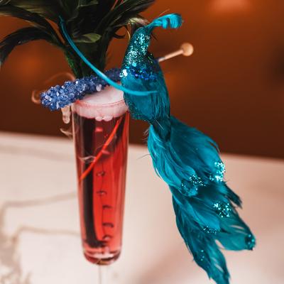 Brunch mimosa in a tall glass with  a peacock decoration with bright blue feathers.