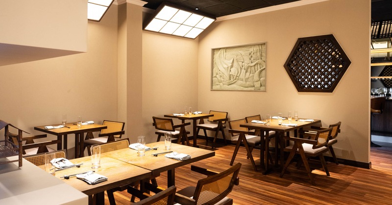 Interior seating area with chairs and tables