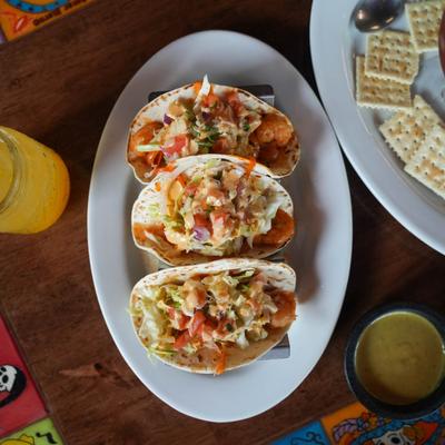 Shrimp Tacos, Margarita and shrimp cocktail, top view img