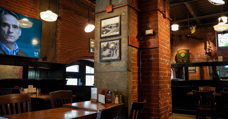 Interior, seating area with brick walls