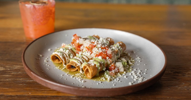 Chicken Taquitos, topped with cheese, Mexican cream, avocado sauce, and tomato