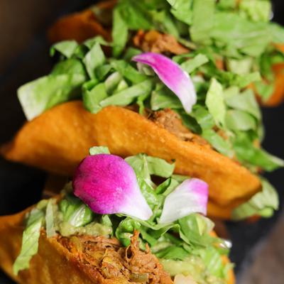 Shredded chicken empanadas, with guac, passion fruit pico, and lettuce.