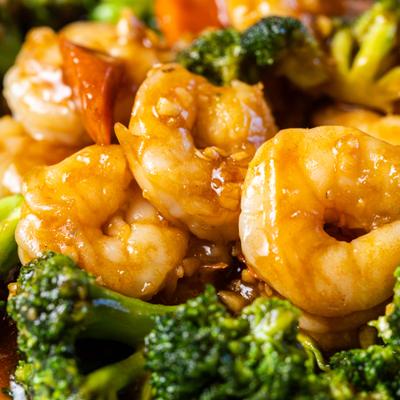 Shrimp and broccoli, close up.