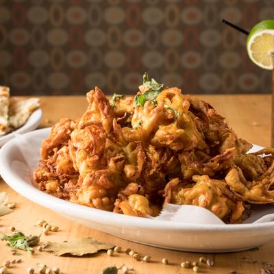 Spiced onions in chickpea batter.
