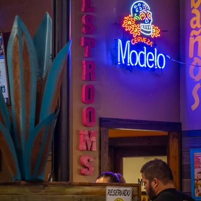 Bar interior with a neon beer sign and a metal agave plant.