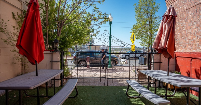 Exterior, patio, picnic tables, parasols