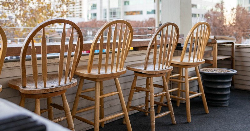 Interior, high chairs by the windows
