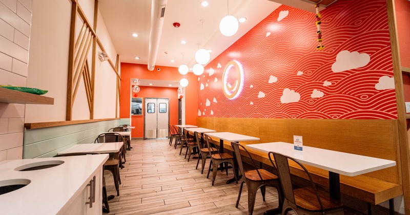 Indoor, seating area with booths, tables and chairs