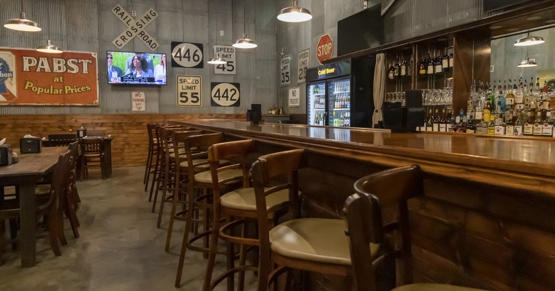 Bar, bar stools, drink rack